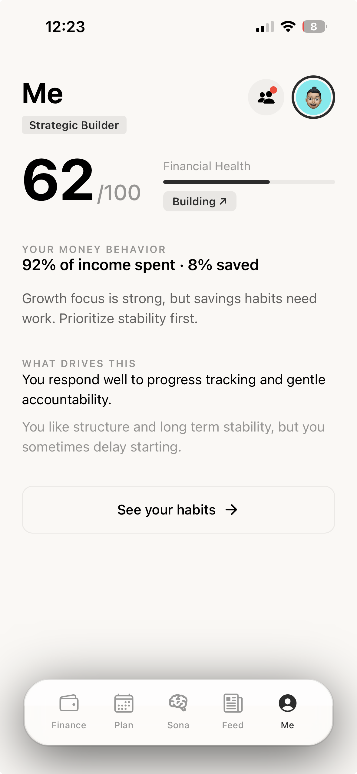 Mirror — Me screen showing a Financial Health reading of 62/100